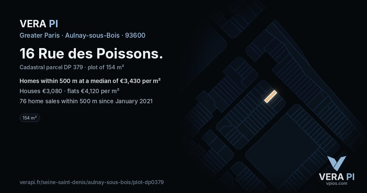 16 Rue des Poissons, Aulnay-sous-Bois at night – the plot lit, the parcels around coloured by the prices near them