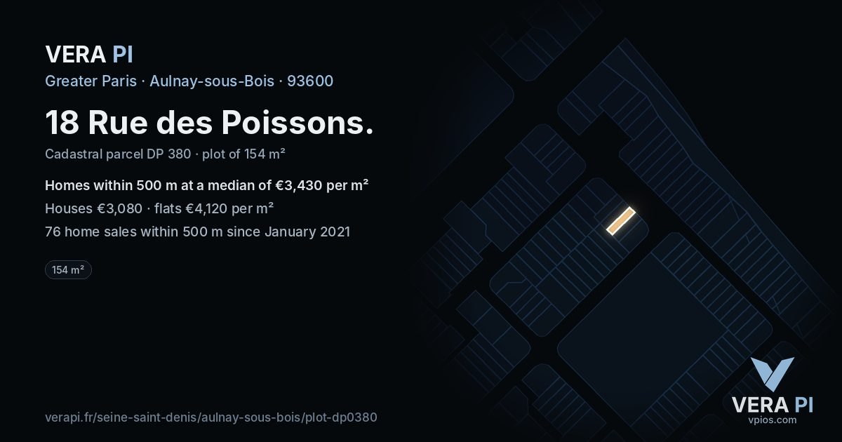 18 Rue des Poissons, Aulnay-sous-Bois at night – the plot lit, the parcels around coloured by the prices near them
