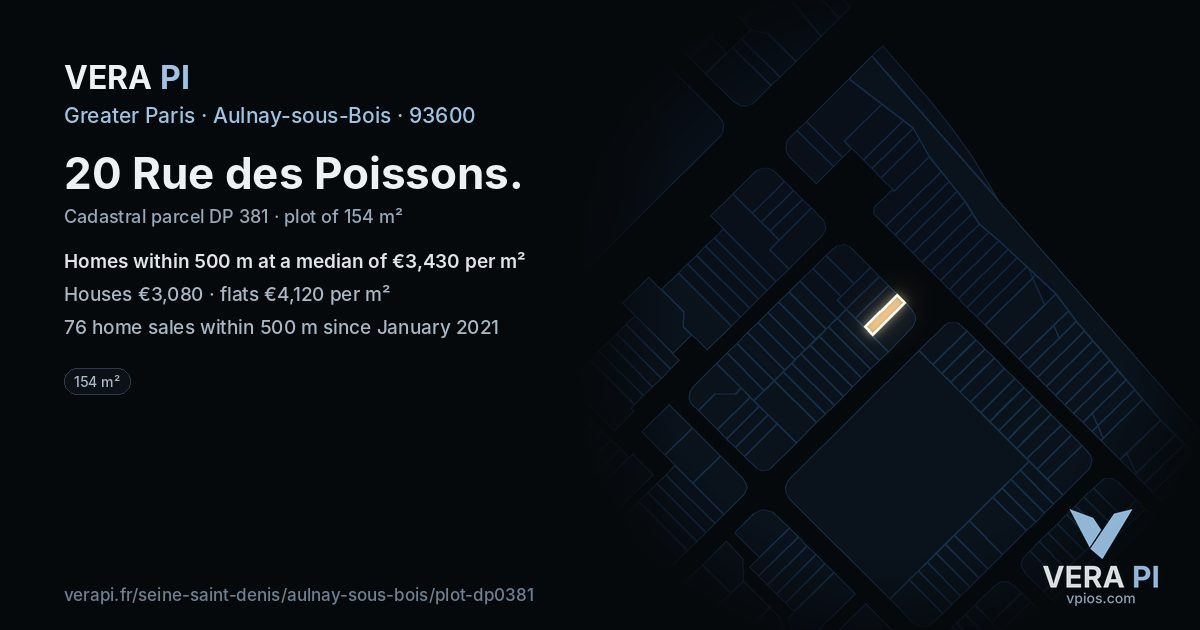 20 Rue des Poissons, Aulnay-sous-Bois at night – the plot lit, the parcels around coloured by the prices near them