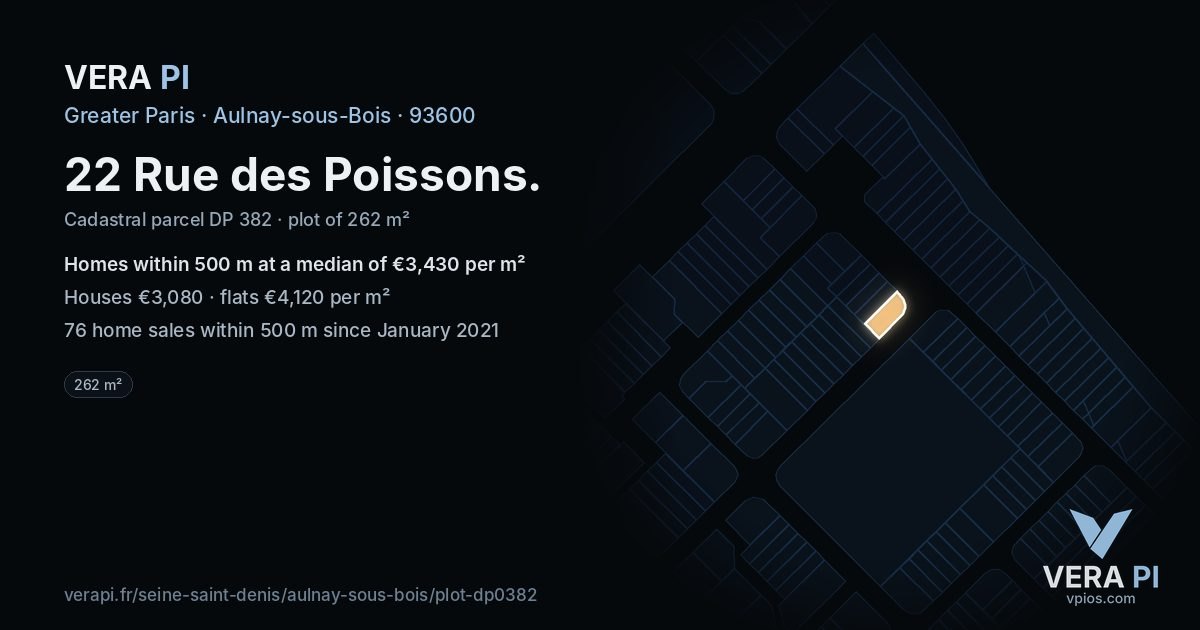 22 Rue des Poissons, Aulnay-sous-Bois at night – the plot lit, the parcels around coloured by the prices near them