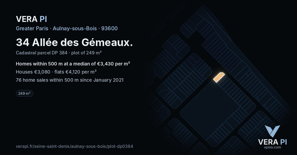 34 Allée des Gémeaux, Aulnay-sous-Bois at night – the plot lit, the parcels around coloured by the prices near them