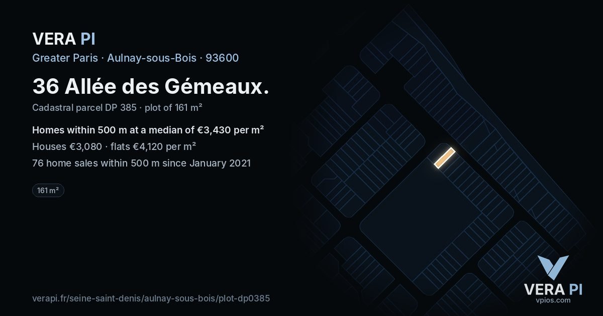 36 Allée des Gémeaux, Aulnay-sous-Bois at night – the plot lit, the parcels around coloured by the prices near them