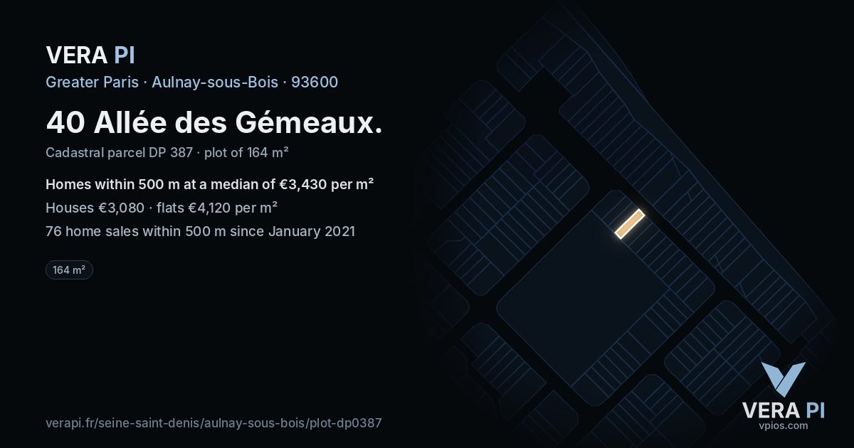 40 Allée des Gémeaux, Aulnay-sous-Bois at night – the plot lit, the parcels around coloured by the prices near them