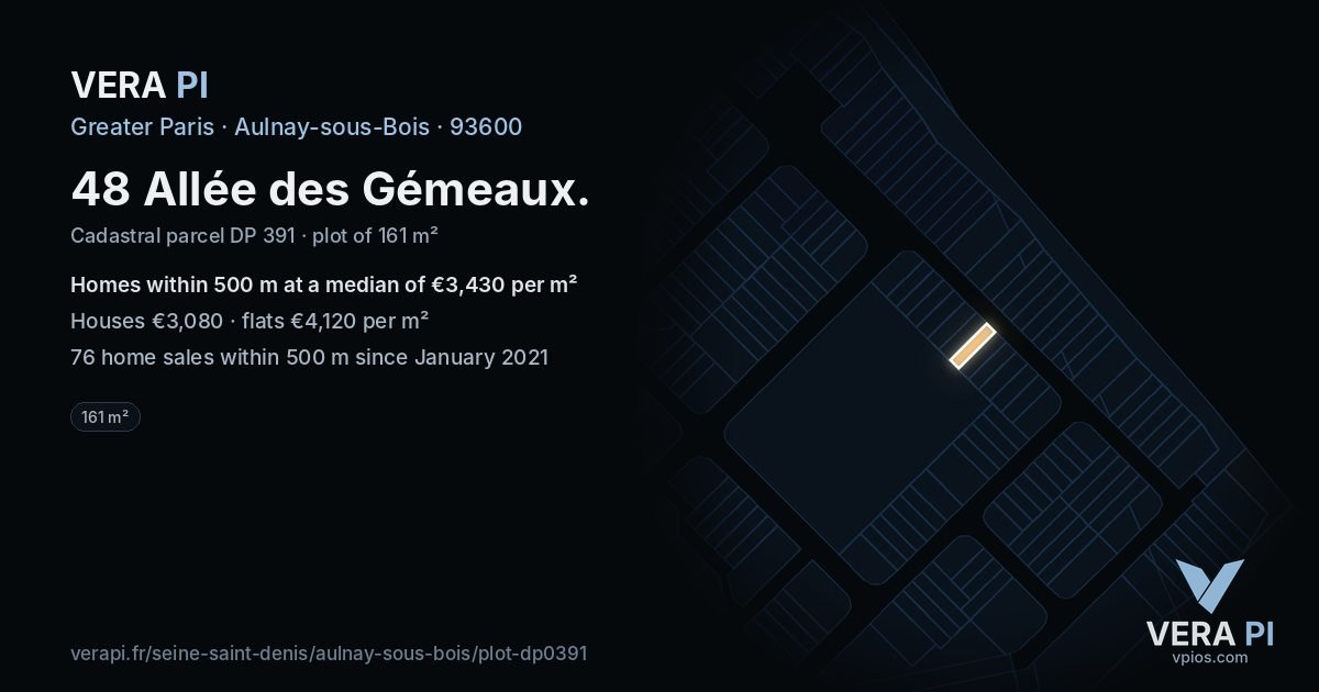 48 Allée des Gémeaux, Aulnay-sous-Bois at night – the plot lit, the parcels around coloured by the prices near them