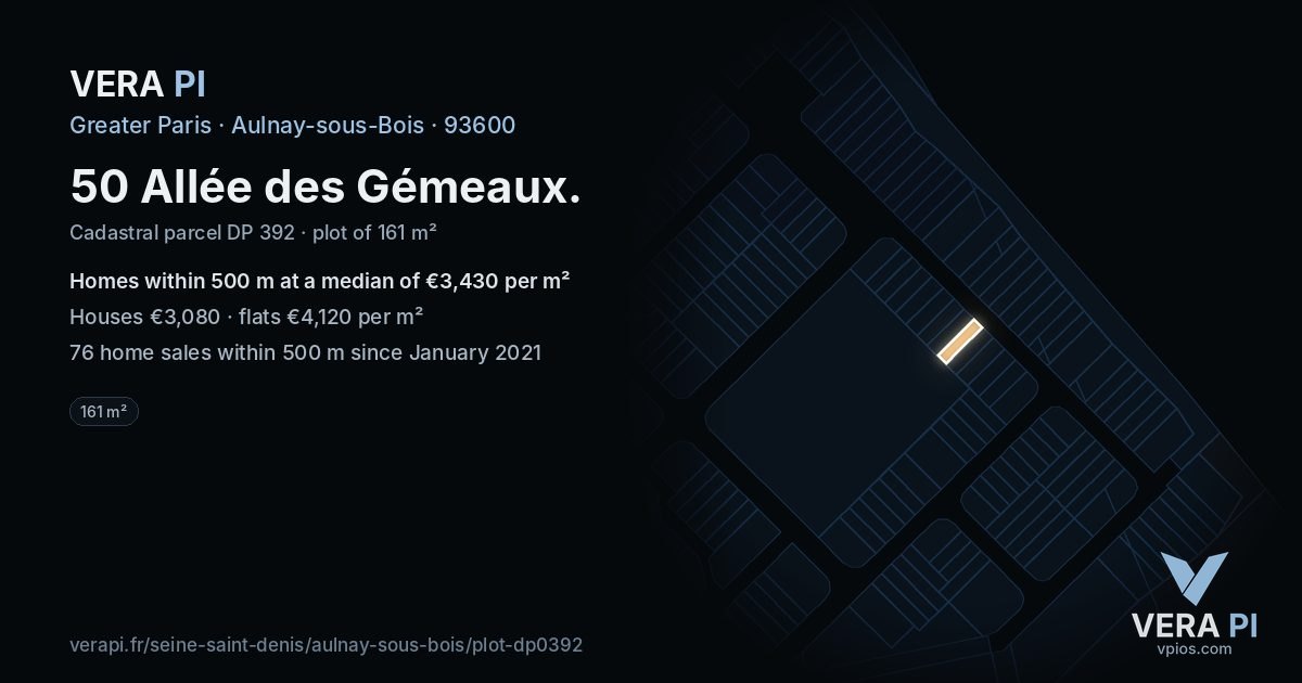 50 Allée des Gémeaux, Aulnay-sous-Bois at night – the plot lit, the parcels around coloured by the prices near them