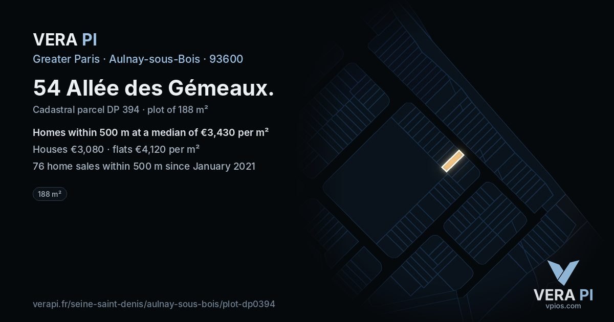54 Allée des Gémeaux, Aulnay-sous-Bois at night – the plot lit, the parcels around coloured by the prices near them