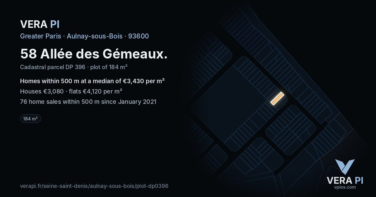 58 Allée des Gémeaux, Aulnay-sous-Bois at night – the plot lit, the parcels around coloured by the prices near them