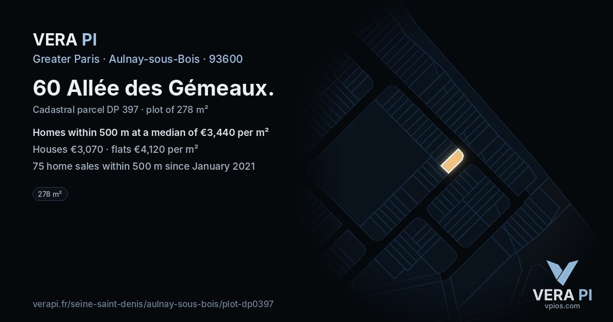 60 Allée des Gémeaux, Aulnay-sous-Bois at night – the plot lit, the parcels around coloured by the prices near them