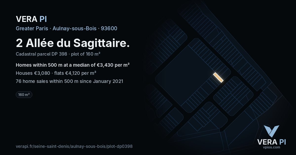 2 Allée du Sagittaire, Aulnay-sous-Bois at night – the plot lit, the parcels around coloured by the prices near them