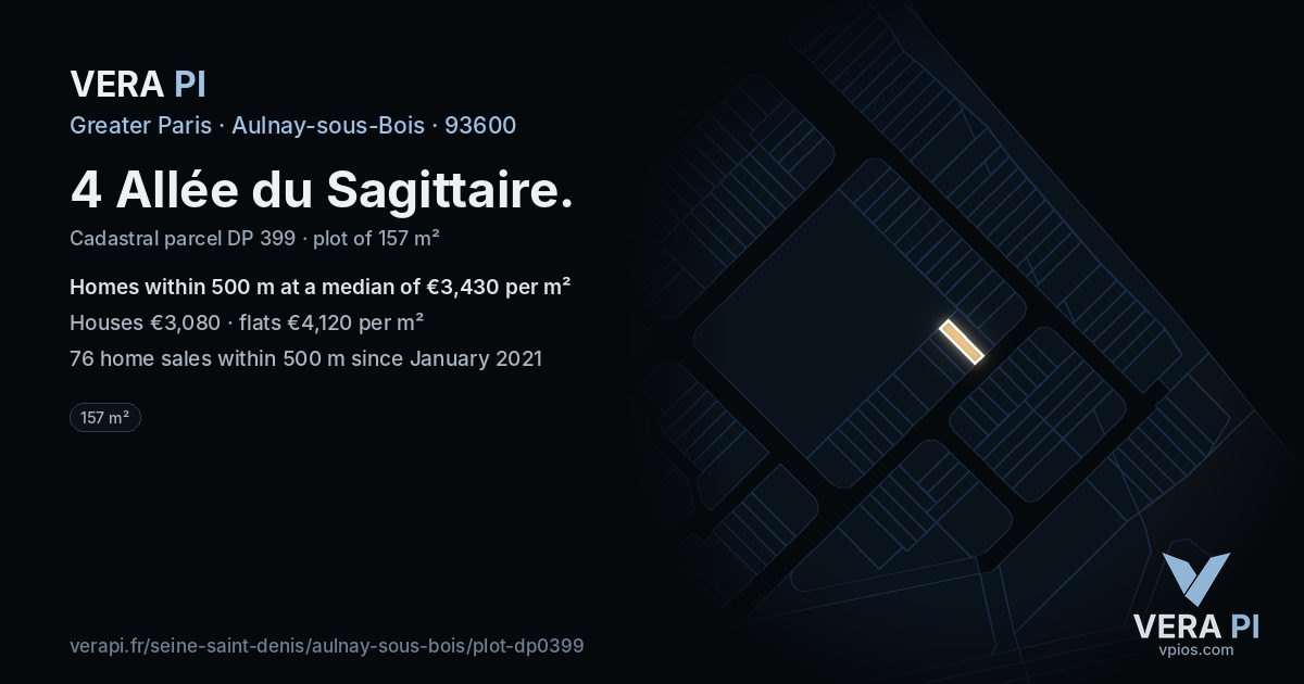 4 Allée du Sagittaire, Aulnay-sous-Bois at night – the plot lit, the parcels around coloured by the prices near them