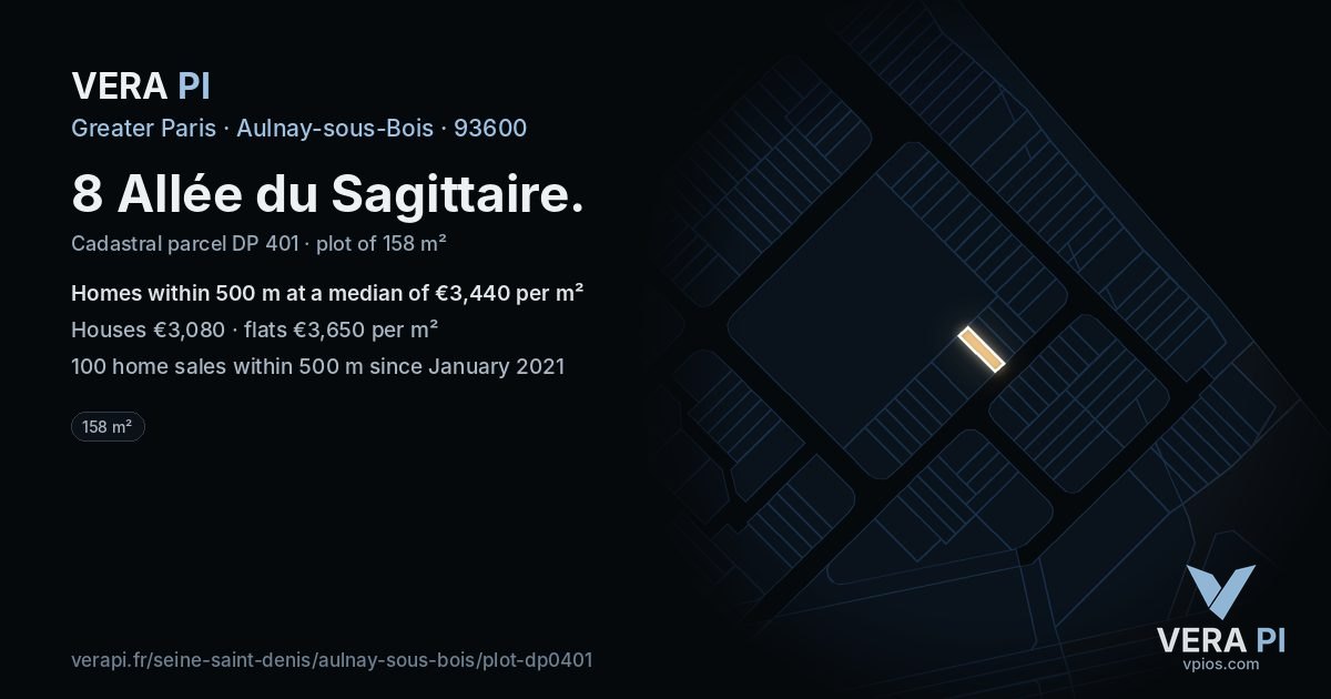 8 Allée du Sagittaire, Aulnay-sous-Bois at night – the plot lit, the parcels around coloured by the prices near them