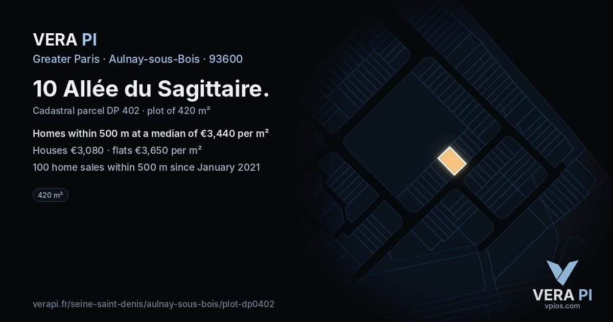 10 Allée du Sagittaire, Aulnay-sous-Bois at night – the plot lit, the parcels around coloured by the prices near them