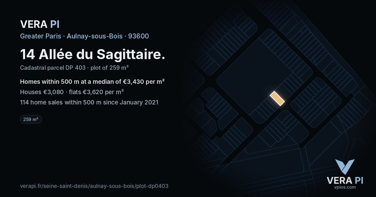 14 Allée du Sagittaire, Aulnay-sous-Bois at night – the plot lit, the parcels around coloured by the prices near them