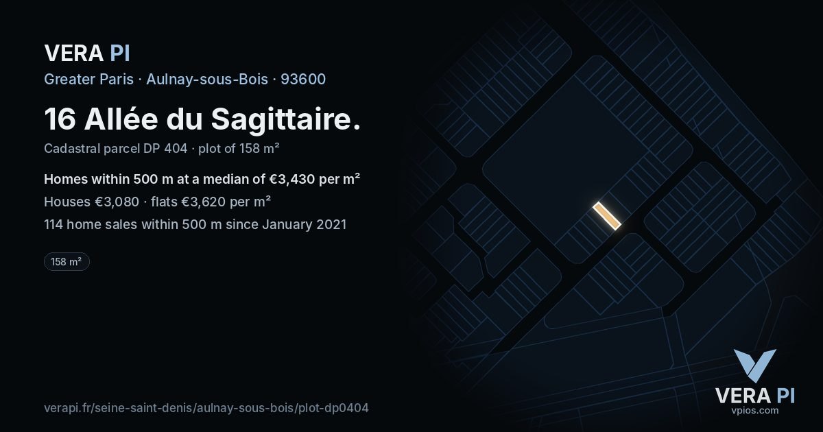 16 Allée du Sagittaire, Aulnay-sous-Bois at night – the plot lit, the parcels around coloured by the prices near them