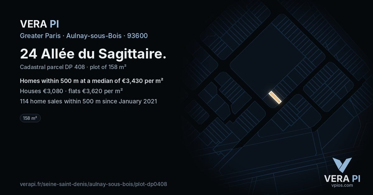 24 Allée du Sagittaire, Aulnay-sous-Bois at night – the plot lit, the parcels around coloured by the prices near them