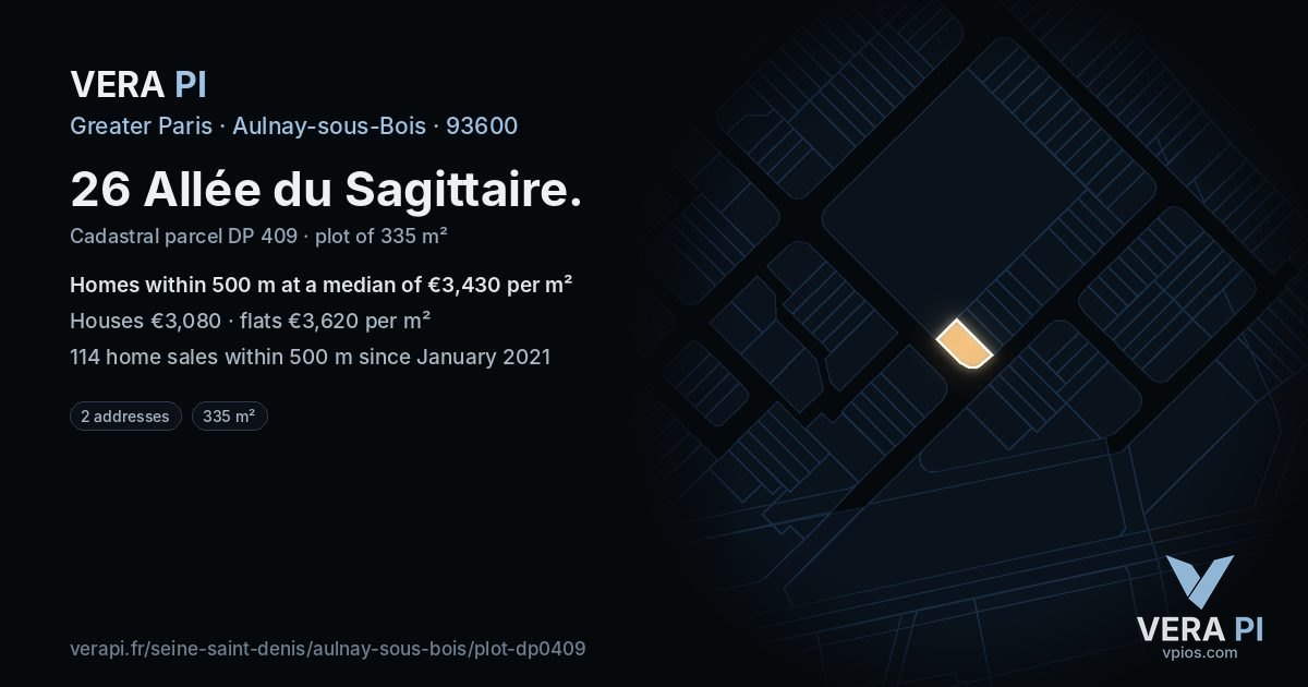 26 Allée du Sagittaire, Aulnay-sous-Bois at night – the plot lit, the parcels around coloured by the prices near them