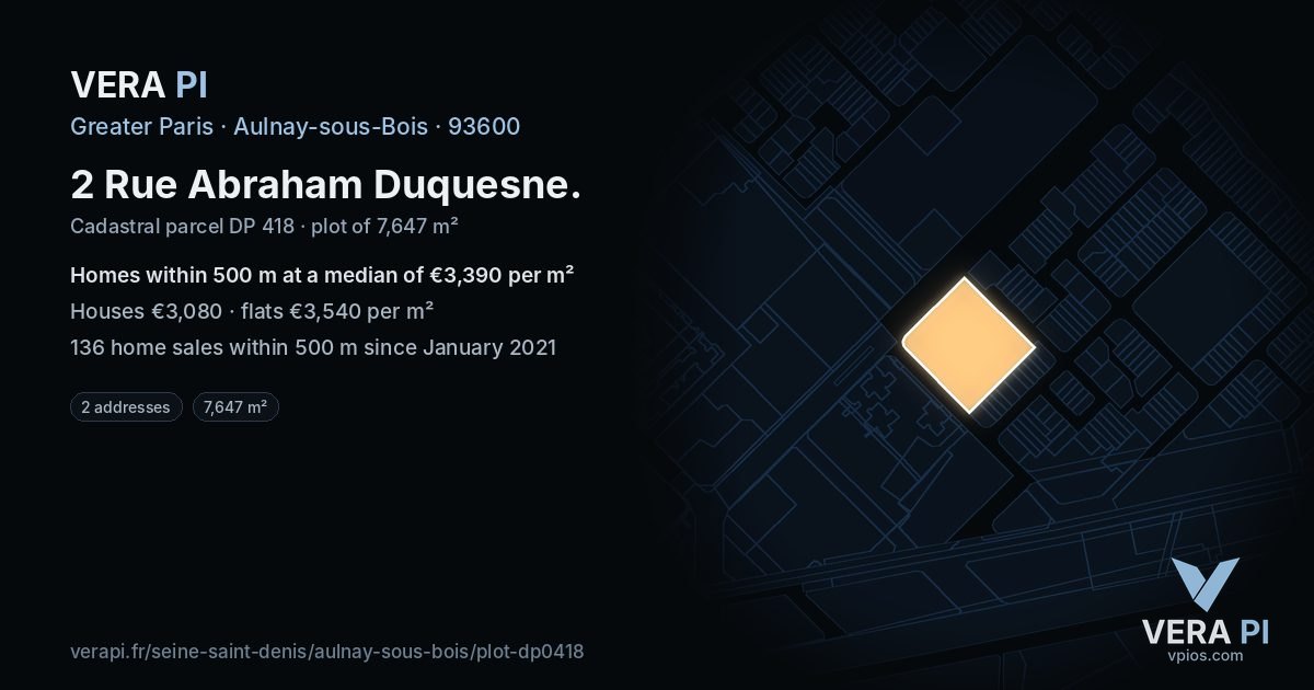 2 Rue Abraham Duquesne, Aulnay-sous-Bois at night – the plot lit, the parcels around coloured by the prices near them