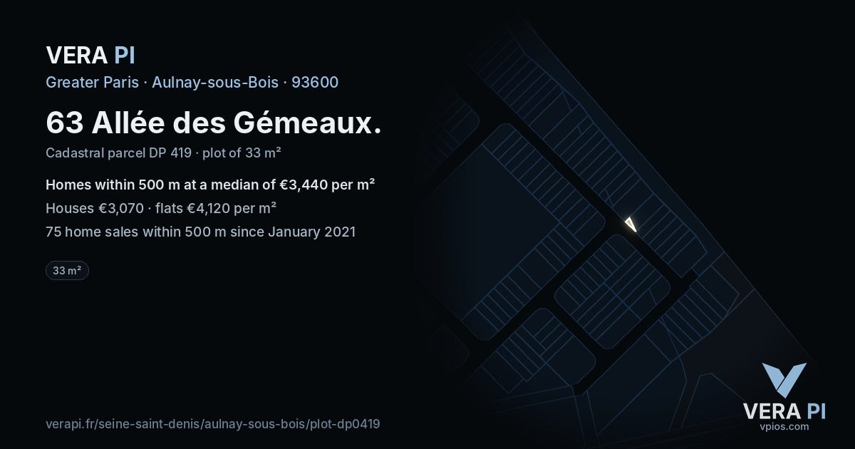 63 Allée des Gémeaux, Aulnay-sous-Bois at night – the plot lit, the parcels around coloured by the prices near them