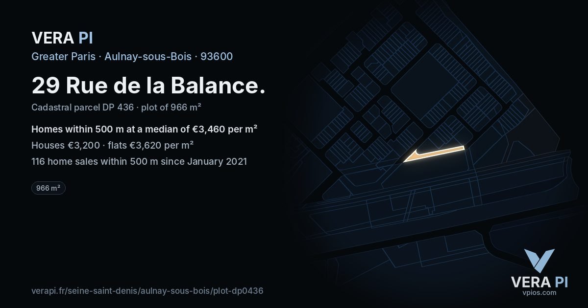 29 Rue de la Balance, Aulnay-sous-Bois at night – the plot lit, the parcels around coloured by the prices near them