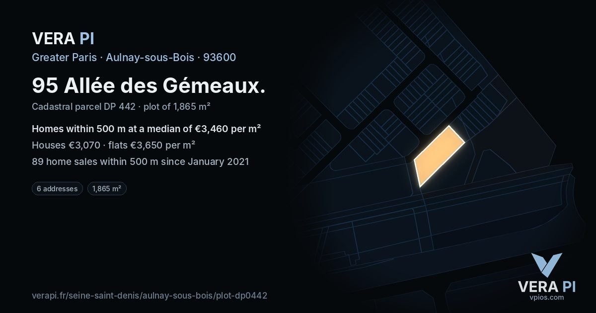 95 Allée des Gémeaux, Aulnay-sous-Bois at night – the plot lit, the parcels around coloured by the prices near them