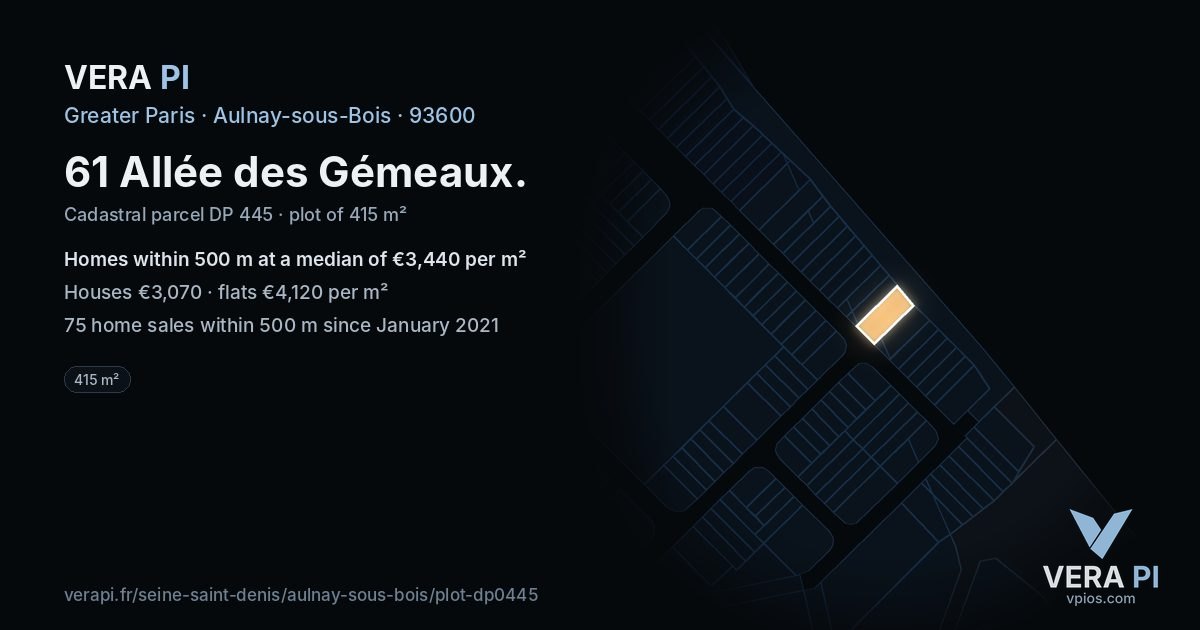 61 Allée des Gémeaux, Aulnay-sous-Bois at night – the plot lit, the parcels around coloured by the prices near them