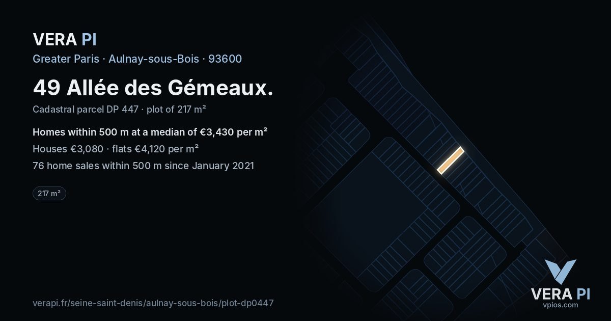 49 Allée des Gémeaux, Aulnay-sous-Bois at night – the plot lit, the parcels around coloured by the prices near them
