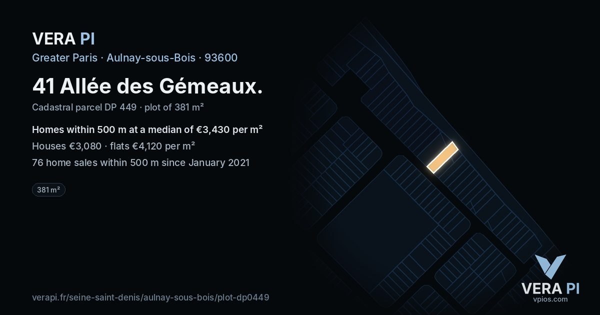 41 Allée des Gémeaux, Aulnay-sous-Bois at night – the plot lit, the parcels around coloured by the prices near them