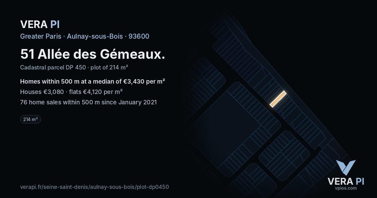 51 Allée des Gémeaux, Aulnay-sous-Bois at night – the plot lit, the parcels around coloured by the prices near them