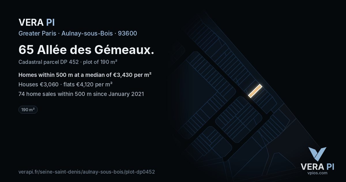 65 Allée des Gémeaux, Aulnay-sous-Bois at night – the plot lit, the parcels around coloured by the prices near them