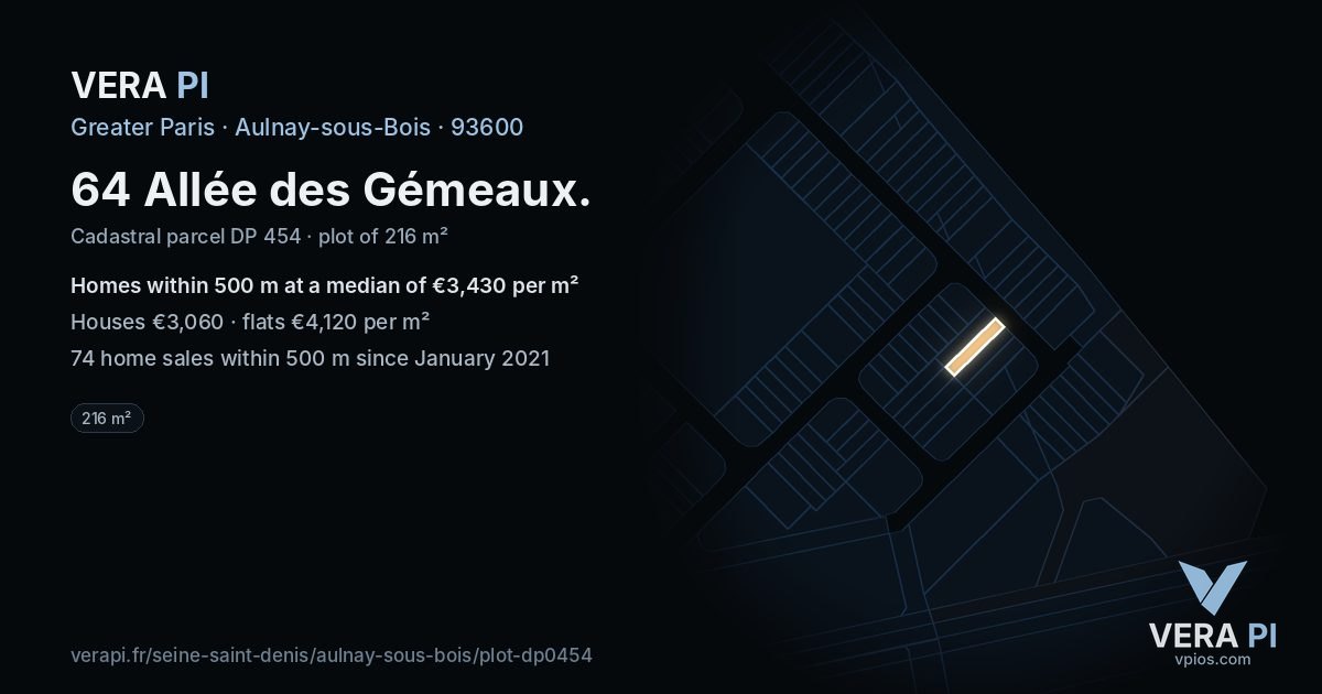 64 Allée des Gémeaux, Aulnay-sous-Bois at night – the plot lit, the parcels around coloured by the prices near them