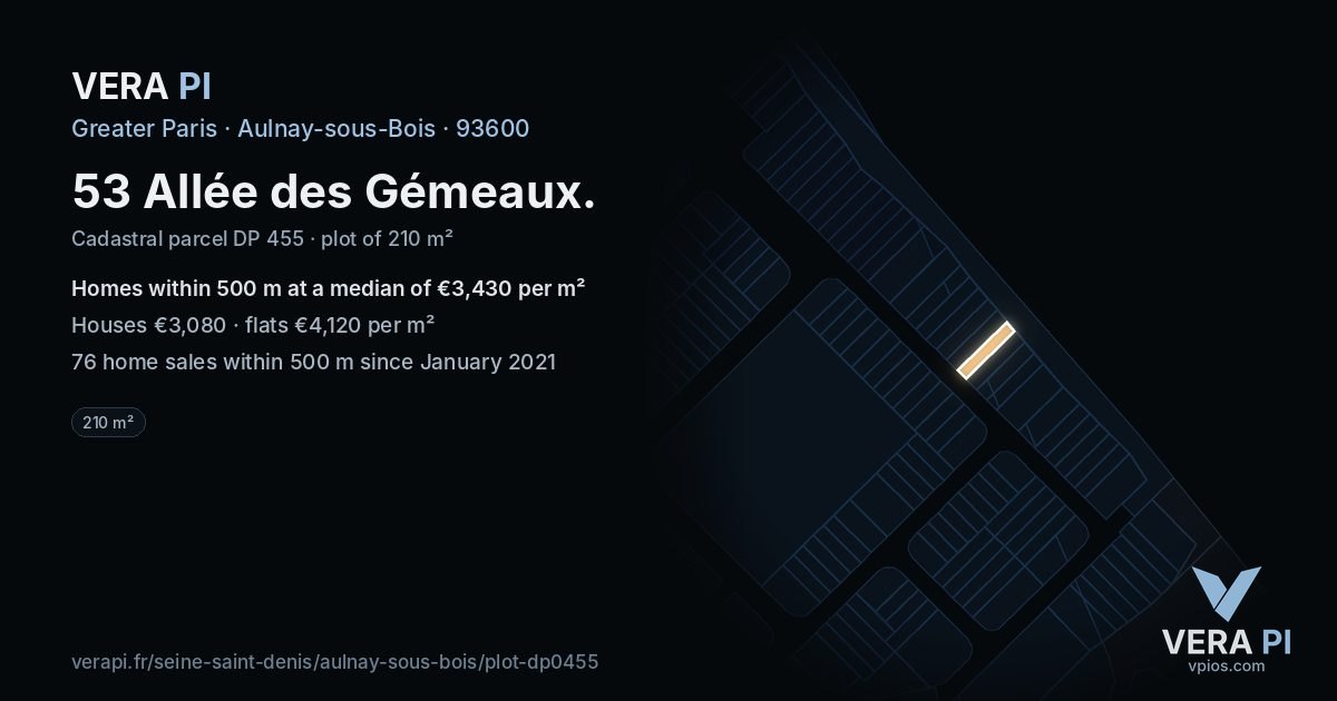 53 Allée des Gémeaux, Aulnay-sous-Bois at night – the plot lit, the parcels around coloured by the prices near them