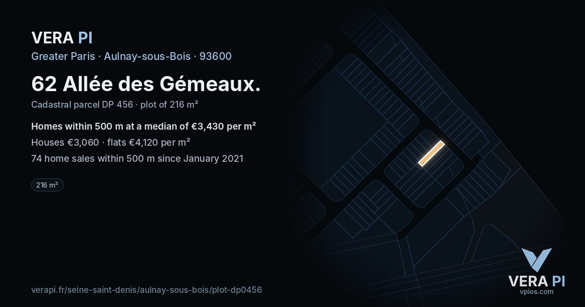 62 Allée des Gémeaux, Aulnay-sous-Bois at night – the plot lit, the parcels around coloured by the prices near them