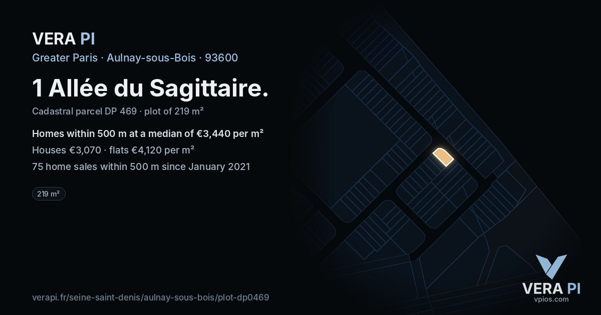 1 Allée du Sagittaire, Aulnay-sous-Bois at night – the plot lit, the parcels around coloured by the prices near them