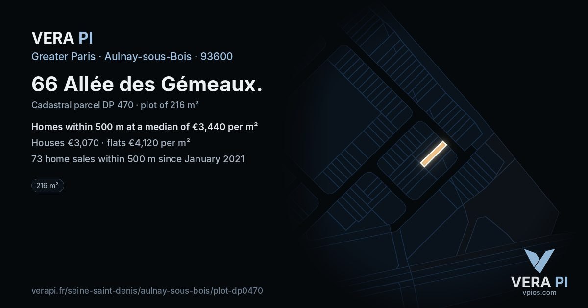 66 Allée des Gémeaux, Aulnay-sous-Bois at night – the plot lit, the parcels around coloured by the prices near them