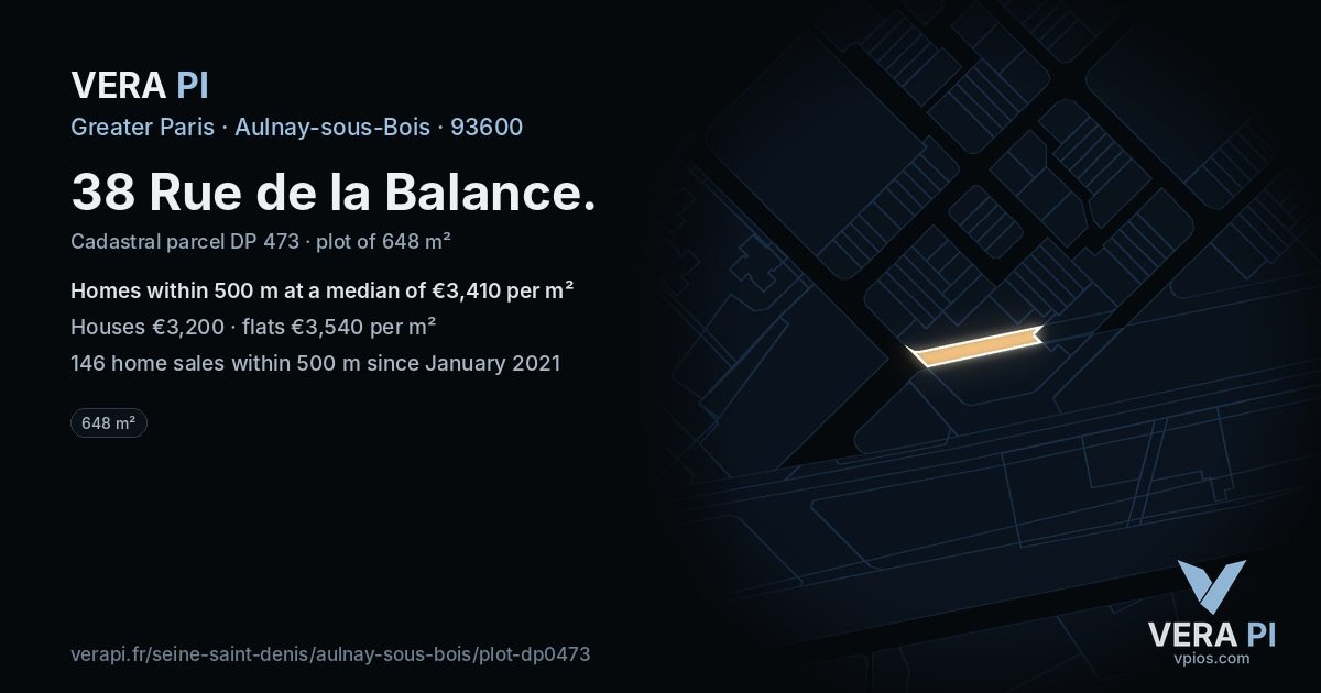 38 Rue de la Balance, Aulnay-sous-Bois at night – the plot lit, the parcels around coloured by the prices near them