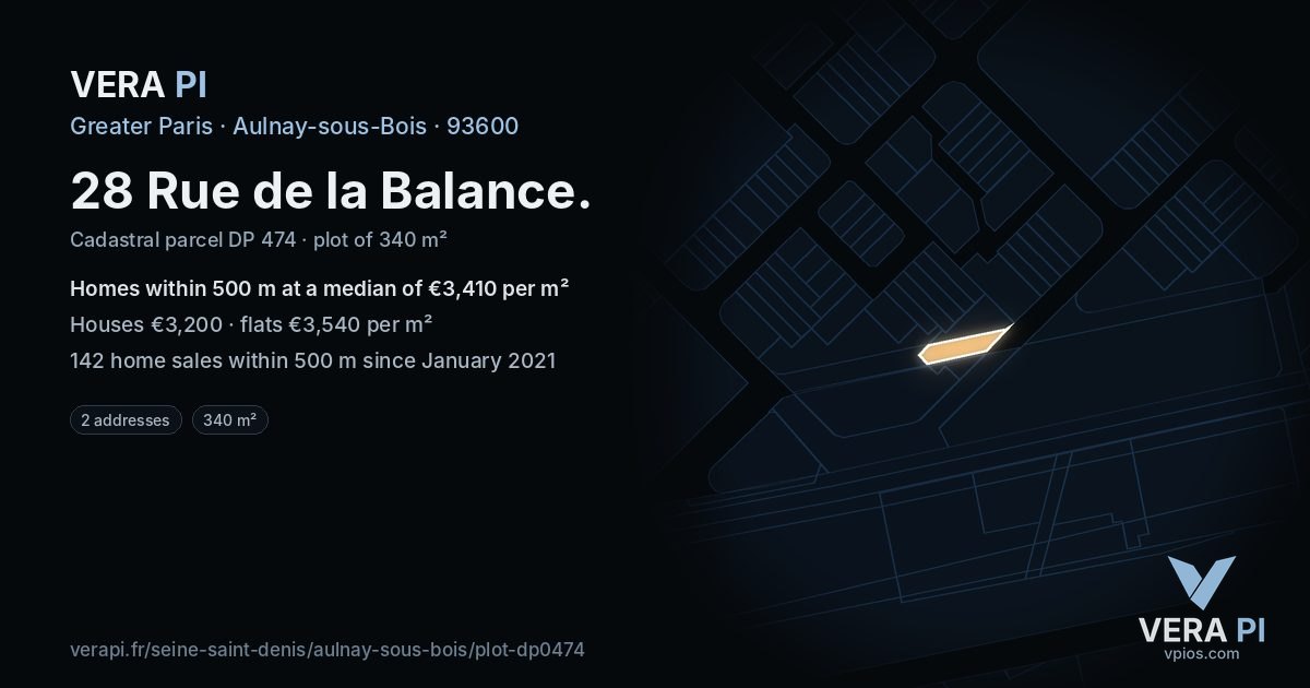 28 Rue de la Balance, Aulnay-sous-Bois at night – the plot lit, the parcels around coloured by the prices near them