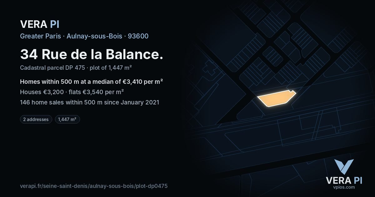 34 Rue de la Balance, Aulnay-sous-Bois at night – the plot lit, the parcels around coloured by the prices near them