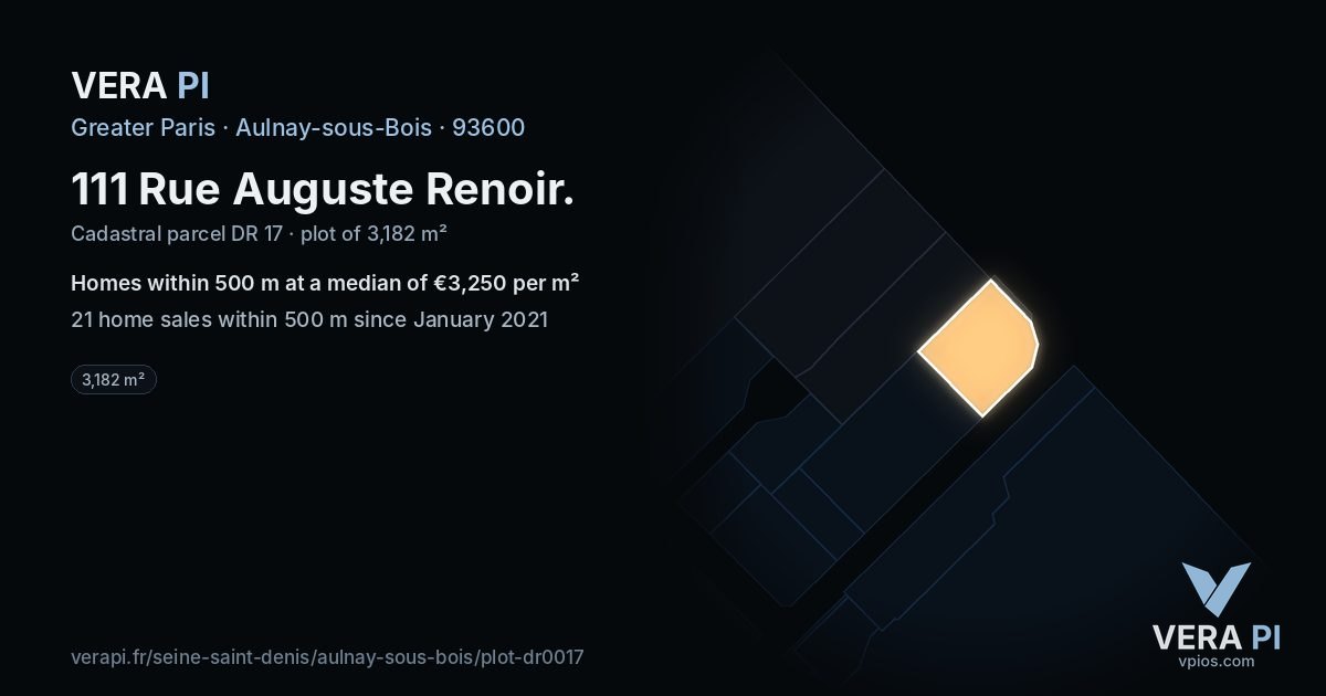 111 Rue Auguste Renoir, Aulnay-sous-Bois at night – the plot lit, the parcels around coloured by the prices near them