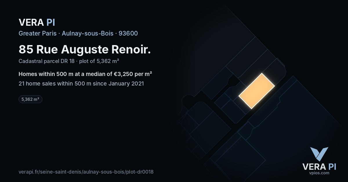 85 Rue Auguste Renoir, Aulnay-sous-Bois at night – the plot lit, the parcels around coloured by the prices near them