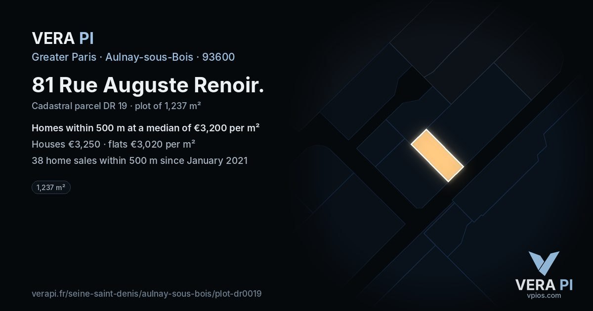 81 Rue Auguste Renoir, Aulnay-sous-Bois at night – the plot lit, the parcels around coloured by the prices near them