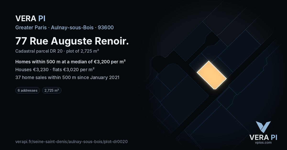 77 Rue Auguste Renoir, Aulnay-sous-Bois at night – the plot lit, the parcels around coloured by the prices near them