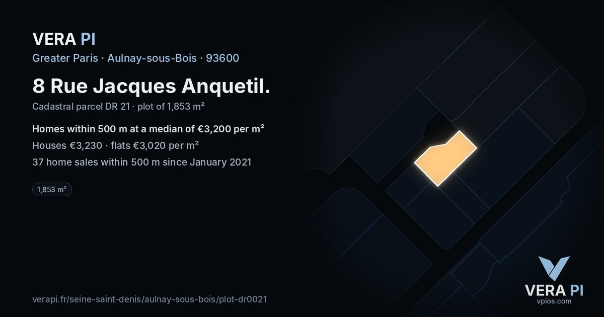 8 Rue Jacques Anquetil, Aulnay-sous-Bois at night – the plot lit, the parcels around coloured by the prices near them