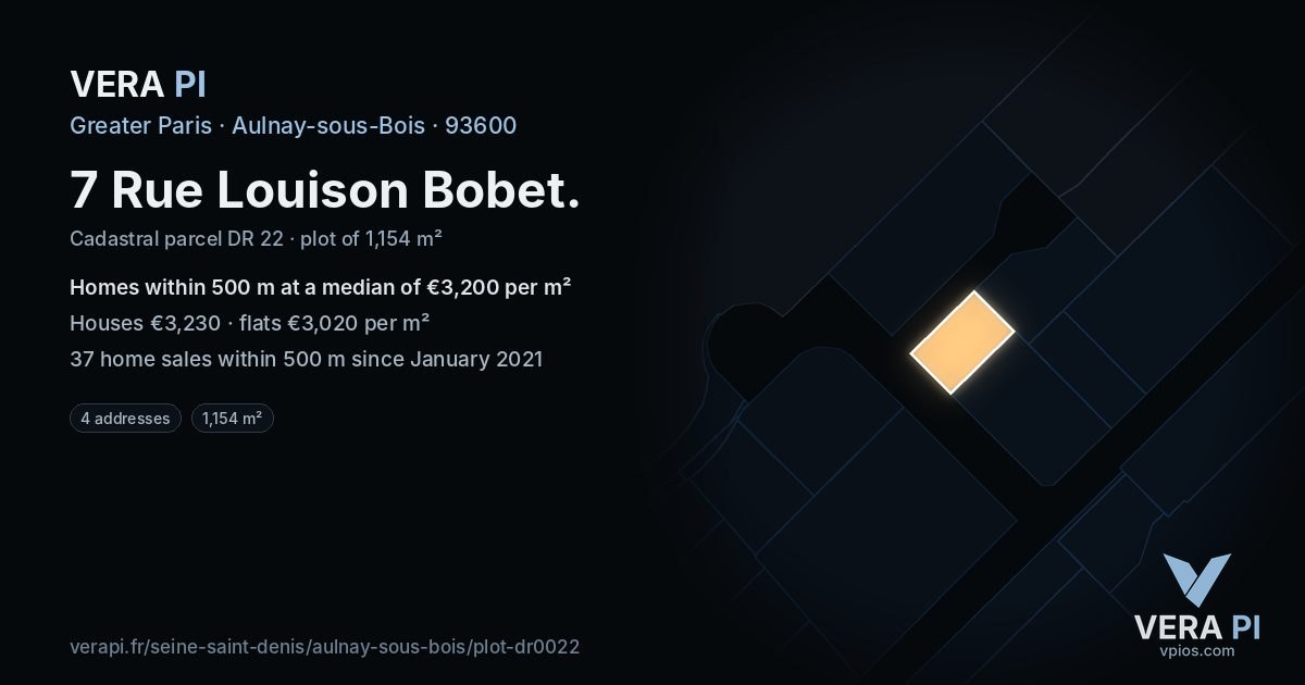 7 Rue Louison Bobet, Aulnay-sous-Bois at night – the plot lit, the parcels around coloured by the prices near them