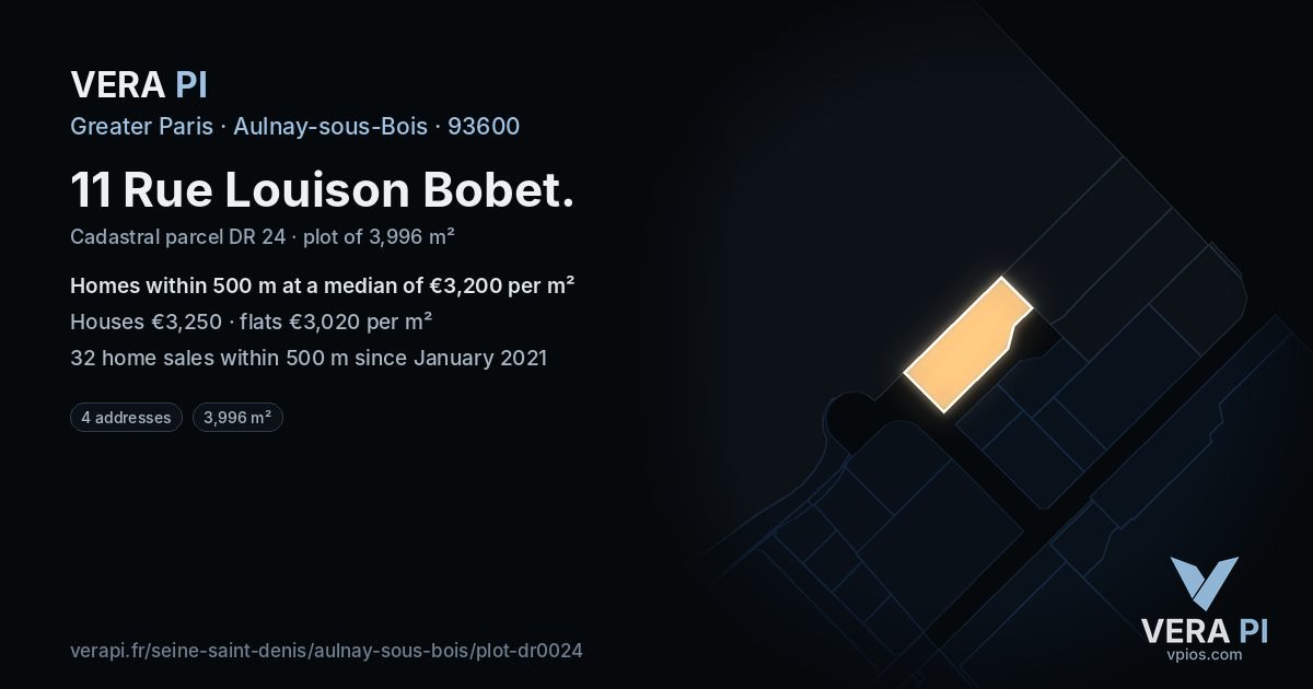 11 Rue Louison Bobet, Aulnay-sous-Bois at night – the plot lit, the parcels around coloured by the prices near them