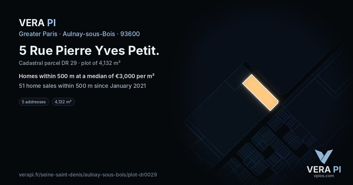 5 Rue Pierre Yves Petit, Aulnay-sous-Bois at night – the plot lit, the parcels around coloured by the prices near them