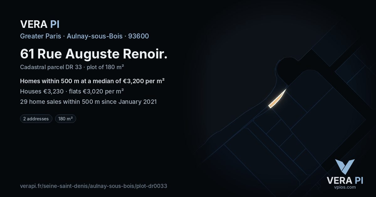 61 Rue Auguste Renoir, Aulnay-sous-Bois at night – the plot lit, the parcels around coloured by the prices near them