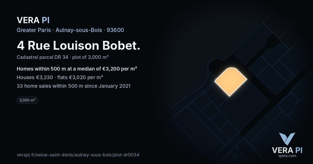 4 Rue Louison Bobet, Aulnay-sous-Bois at night – the plot lit, the parcels around coloured by the prices near them