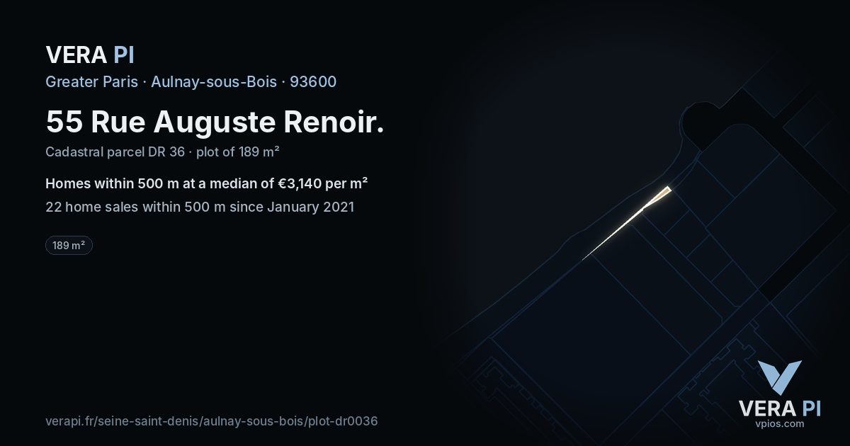 55 Rue Auguste Renoir, Aulnay-sous-Bois at night – the plot lit, the parcels around coloured by the prices near them