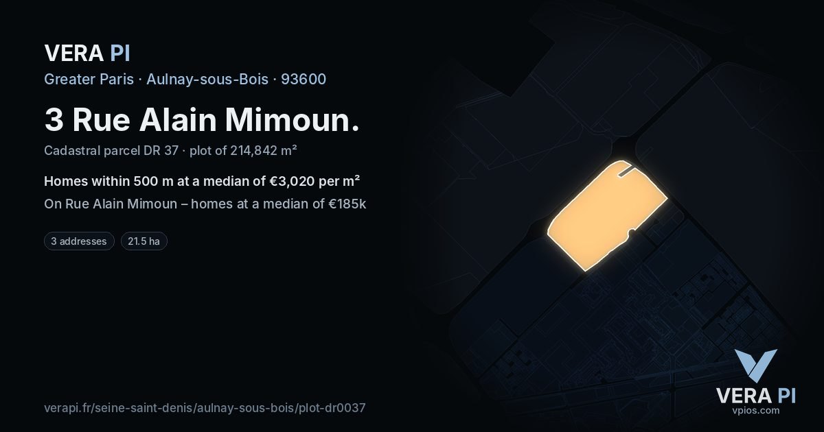 3 Rue Alain Mimoun, Aulnay-sous-Bois at night – the plot lit, the parcels around coloured by the prices near them