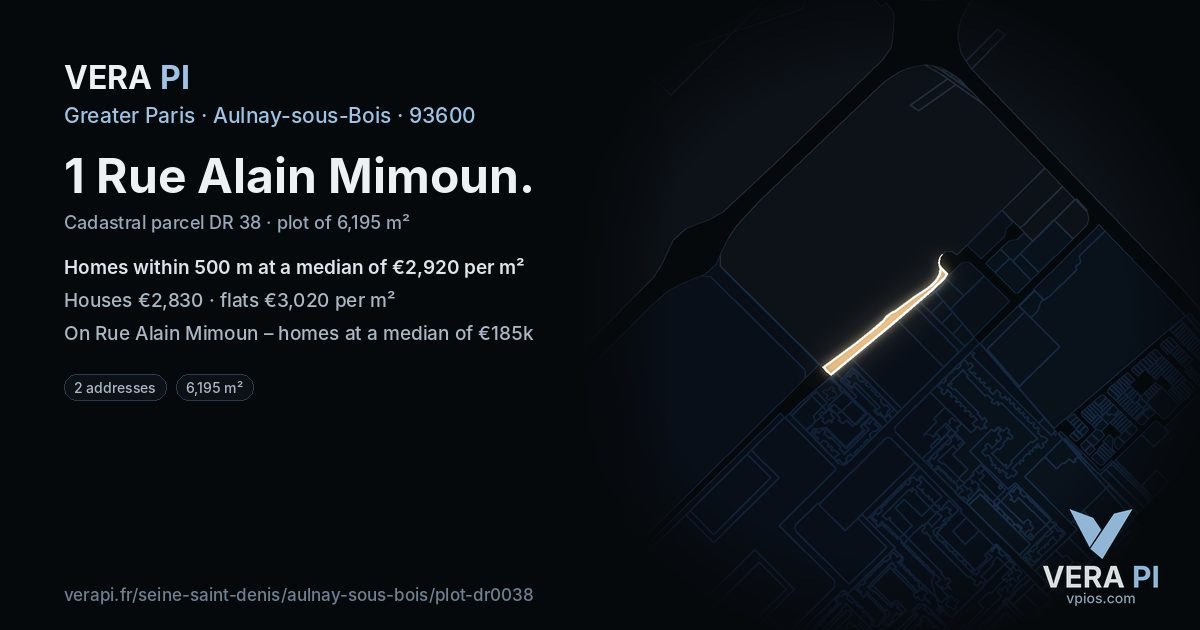1 Rue Alain Mimoun, Aulnay-sous-Bois at night – the plot lit, the parcels around coloured by the prices near them
